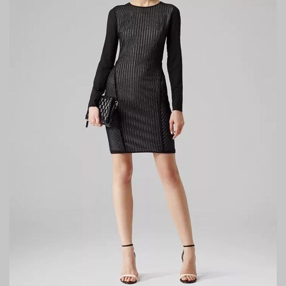 Reiss Chloe Sheer Sleeve Striped Lace Fitted Bodycone Dress Size M 10 - Picture 2 of 7